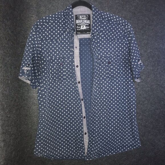 Broken Threads Mens Large Blue Navy‎ Sailor Anchor Button Up Shirt Short Sleeve - Picture 3 of 9
